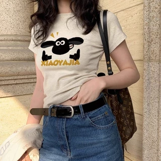 HANUNA Local brand Áo baby tee 100% cotton Tay Ngắn Áo Thun ôm body Áo y2k in hình Slim-fit mùa hè-