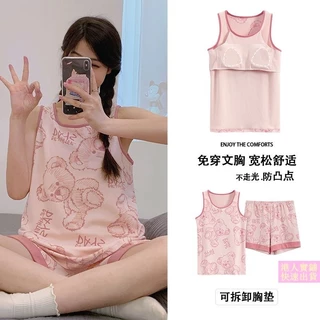 Bộ Đồ Ngủ Nữ Mùa Hè Cotton Nguyên Chất Mỏng Áo Vest Không Tay Quần Short Có Miếng Lót Ngực Cao Cấp Phiên Bản Hàn Quốc Rời Loungewear Bộ Hai Mảnh