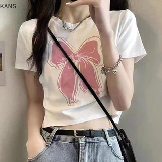 Kans Thời Trang Mùa Hè Nơ In Hình Áo Thun Nữ Cổ Tròn Cổ Tròn Crop Top vn