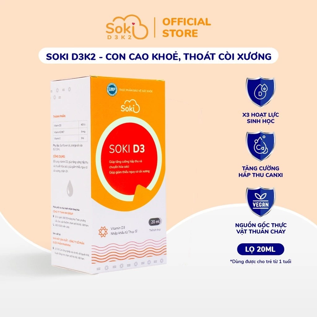 Siro SOKI D3K2 Bổ Sung Vitamin D3, Tăng Hấp Thu Canxi, Giảm Còi Xương Chậm Lớn Cho Trẻ - Hộp 20ml