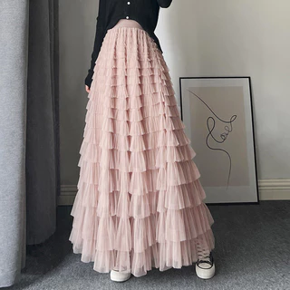 Fairy Niche Super Long Summer Multi-Layer Gauze Skirt Niche Skirt Large Long Skirt Female Word Net Yarn Cake Skirt Heavy Industry XKFT