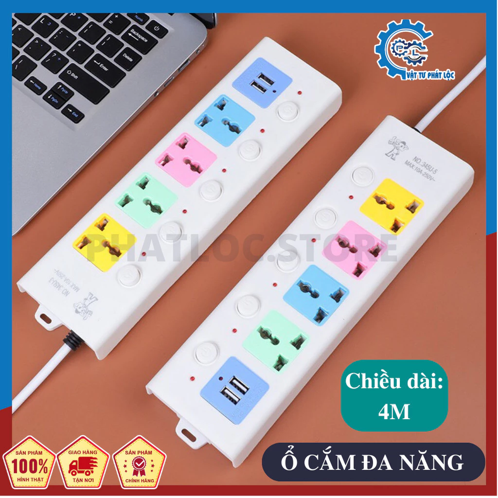 Ổ cắm điện usb đa năng chống giật dây dài 4m, 2 cổng usb công suất 2500w có chốt an toàn tiện dụng