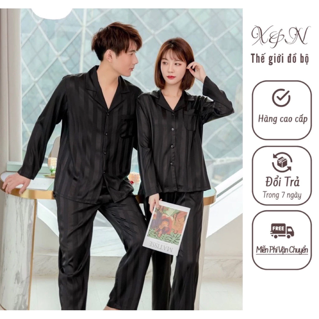Bộ quần áo ngủ ,bộ ngủ lụa xuân thu nam nữ kẻ sọc dài tay cao cấp sz từ 40-85kg