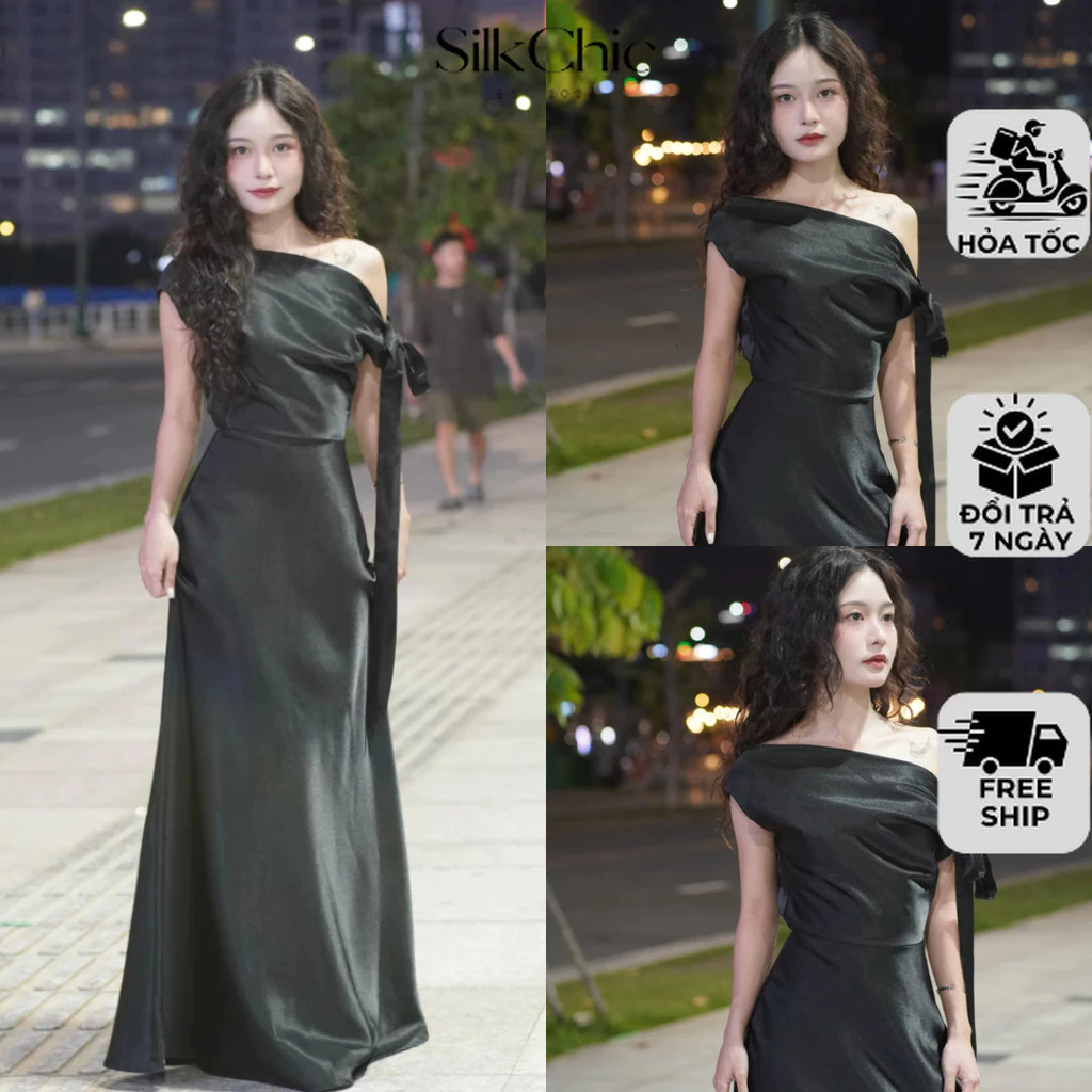 Đầm Lụa Dự Tiệc Trễ Vai Phối Nơ Lệch Vai Lụa Hàn SC684 Váy Lụa Đầm Dự Tiệc Cưới Lệch Vai Dây Thắt