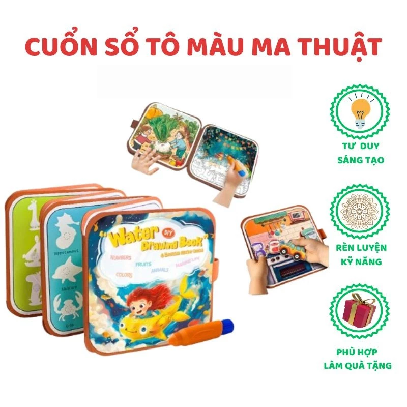 Đồ chơi cuốn sổ ma thuật Montessori vẽ tranh bằng nước bóc dán thông minh tư duy cho bé