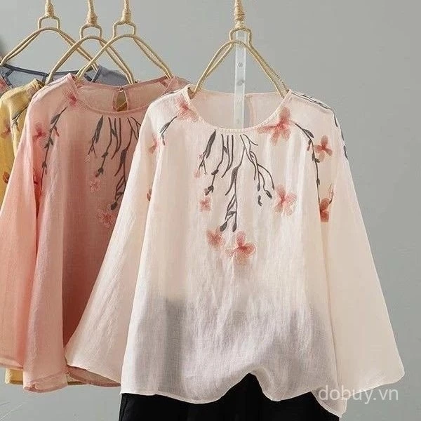 Mùa Hè 2025 Mới Nữ Vải Lanh Cotton Thêu Chống Nắng Áo Sơ Mi Tay Dài Thời Trang Nhẹ Plus Kích Thước Vải Lanh Cotton Top