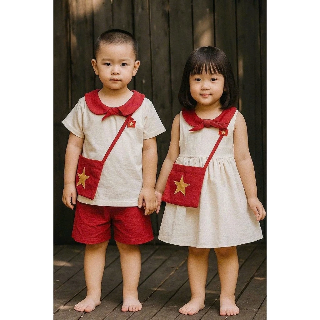 Chào mừng Quốc Khánh 2/9 -  bộ quần áo cờ đỏ sao vàng cho bé trai váy bé gái - Sét Bộ Em Bé Yêu Nước