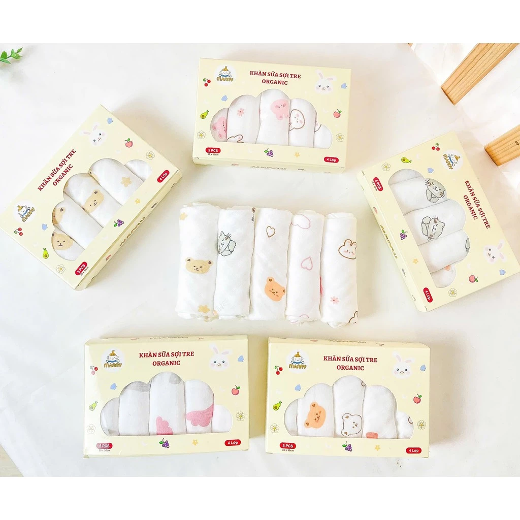 Hộp 5 Khăn Sữa Sợi Tre Organic 4 Lớp Cao Cấp Manny Kháng Khuẩn Mềm Mại Thấm Hút Kích Thước 30x30cm