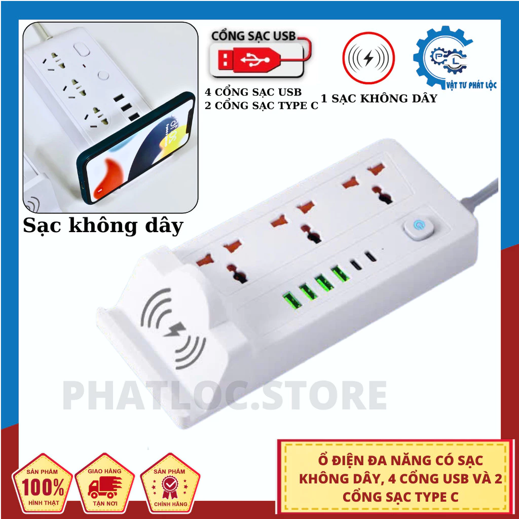 Ổ Cắm Điện Đa Năng Thông Minh Sạc Không Dây 4 Cổng USB, 2 cổng Sạc Stype C, Ổ Chịu Tải 2500W, 10A, Tiết Kiệm Điện