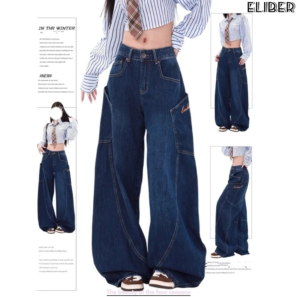 ELIBER- Quần Jeans Nữ Ống Loe Cong Xanh Dương - Túi Hộp Phong Cách Retro Mỹ - Eo Cao Suông Rộng Dáng Rủ