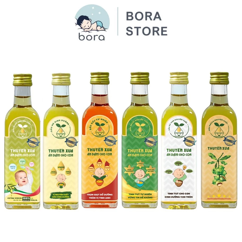 Dầu ăn dặm cho bé Thuyền Xưa nguyên liệu hạt tự nhiên (Oliu, Macca, Óc chó, Gấc, Sachi, Mè) chai 65/250ml
