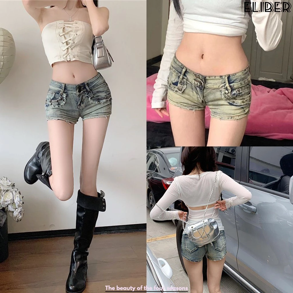 ELIBER- Quần short jeans cạp trễ ống rộng - nâng mông tôn dáng - phong cách street-style - siêu hot