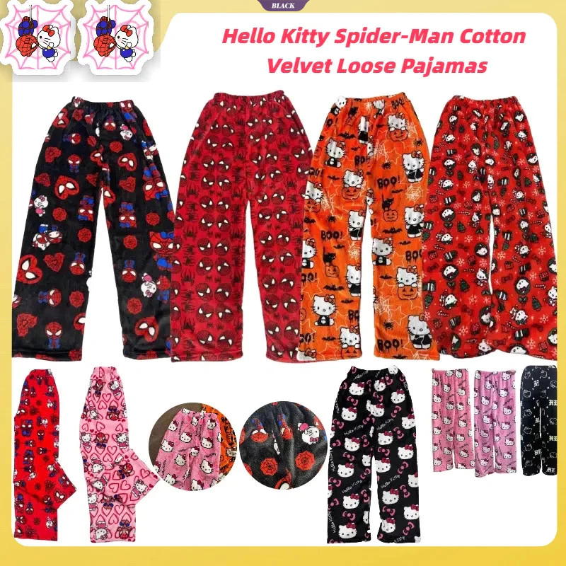 Người Nhện + Bộ Đồ Ngủ Hello Kitty Flannel Quần Thời Trang Nữ Kawaii Len Anime Hoạt Hình Thường Ngày Nhà Quần Thu [BL]