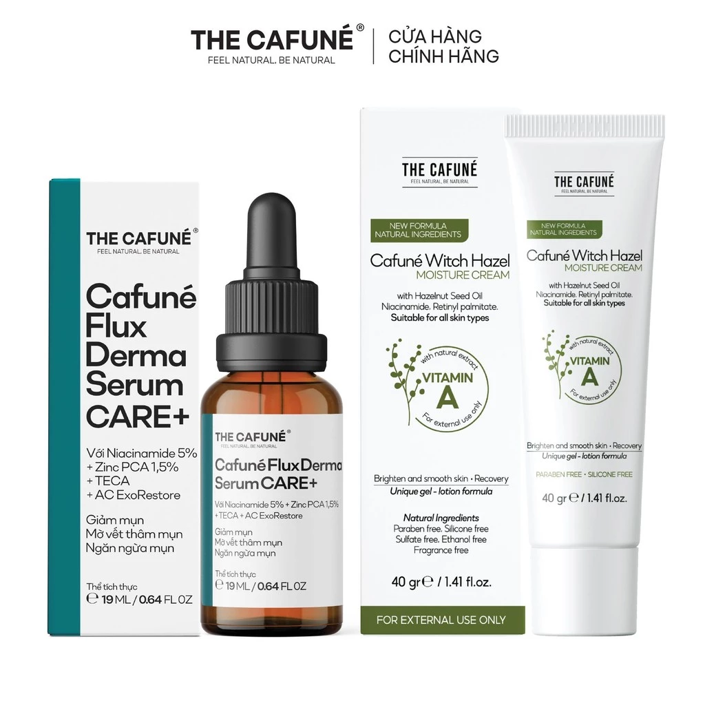 [COMBO GIẢM 39%] Bộ Đôi Chăm Sóc Da Mụn Cafuné: Serum Mụn Flux Derma 19ml + Kem Dưỡng Ẩm Witch Hazel 40g