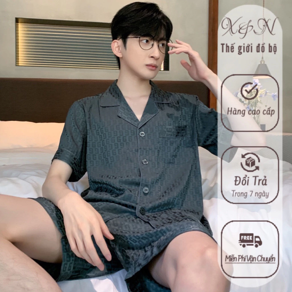 Bộ  Ngủ Đùi Mặc nhà Pijama Nam Nữ Thiết Kế Chữ G Chất Lụa Cao Cấp Nhung