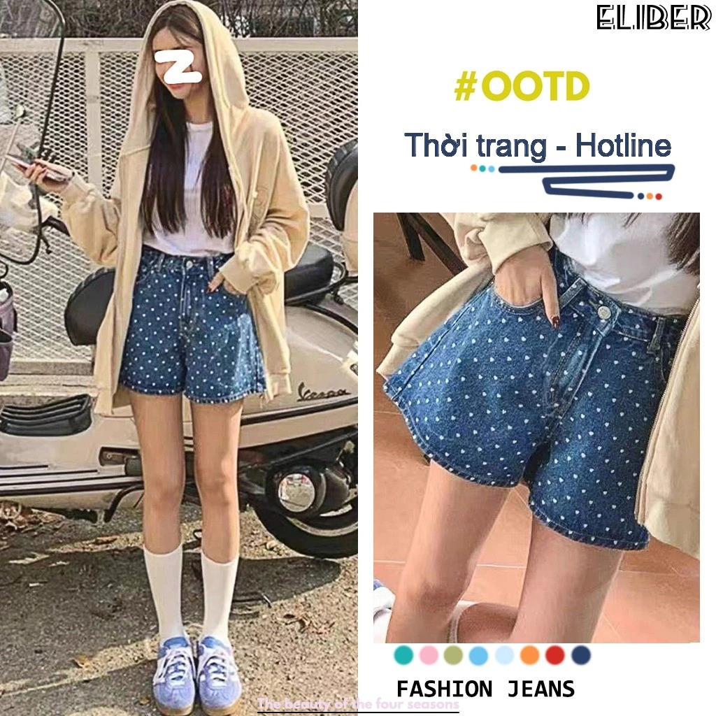 ELIBER- Quần Short Jeans Chấm Bi Xanh - Dáng Chữ A Rộng Rãi Eo Cao - Hàng Mới Tôn Dáng Sành Điệu