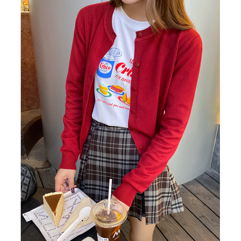 YAYUAN Mùa Thu Phong Cách Mới Cổ Tròn Dệt Kim Cardigan Nữ Slim-fit Ôm Hơn Nhìn Áo Khoác Nhỏ Màu Đỏ