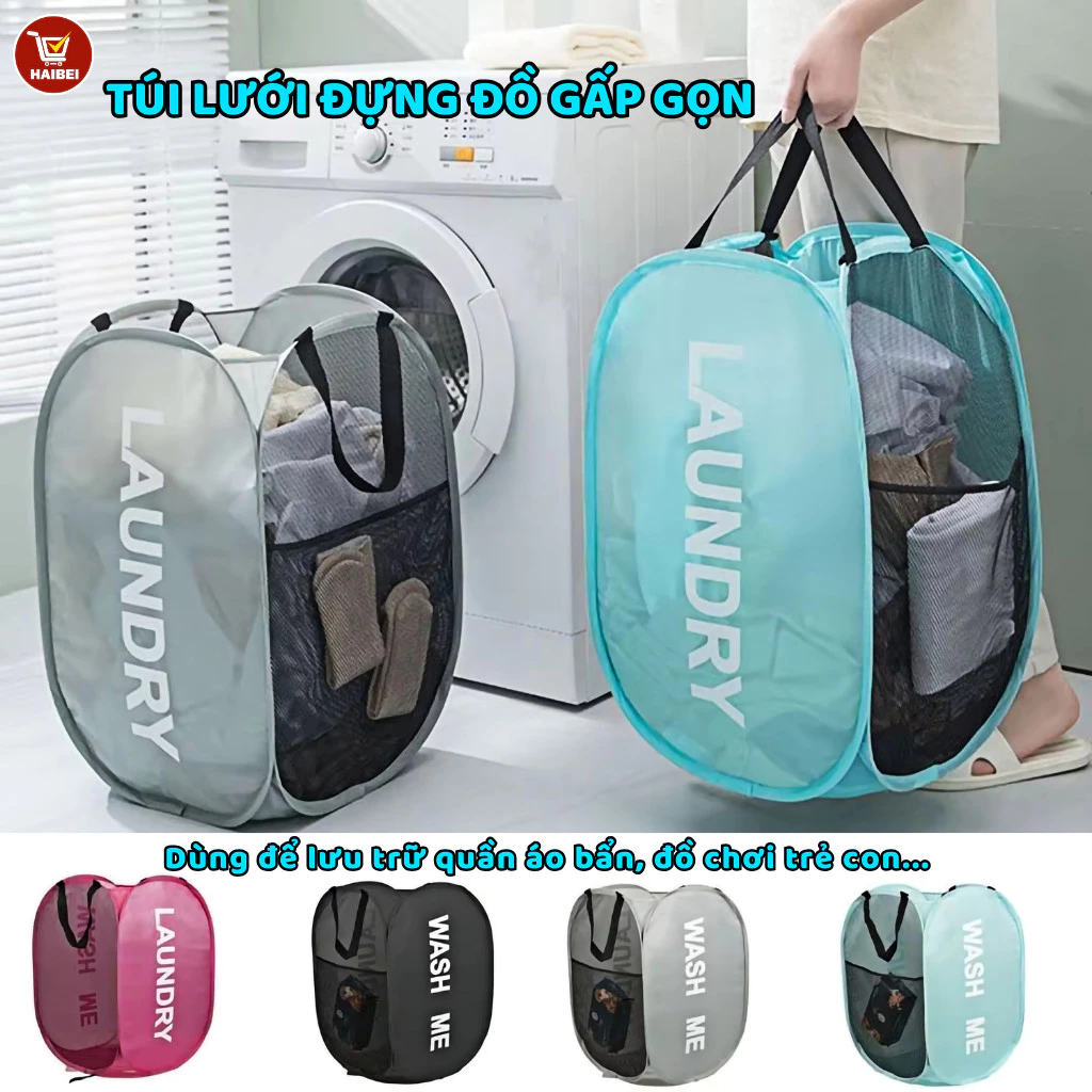Túi lưới đựng quần áo bẩn, giỏ đựng đồ khung nhựa thoáng khí, 3 màu tùy chọn