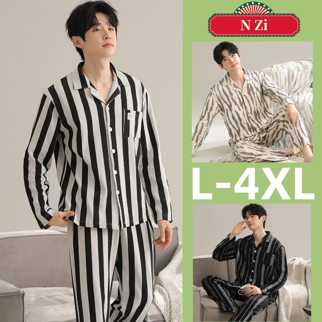 Plus Kích Thước Bộ Đồ Ngủ Nam Cotton L-4XL Bộ Đồ Ngủ Thu Đông Phiên Bản Hàn Quốc Dài Tay Đồ Ngủ Người Sọc Rời Loungewear