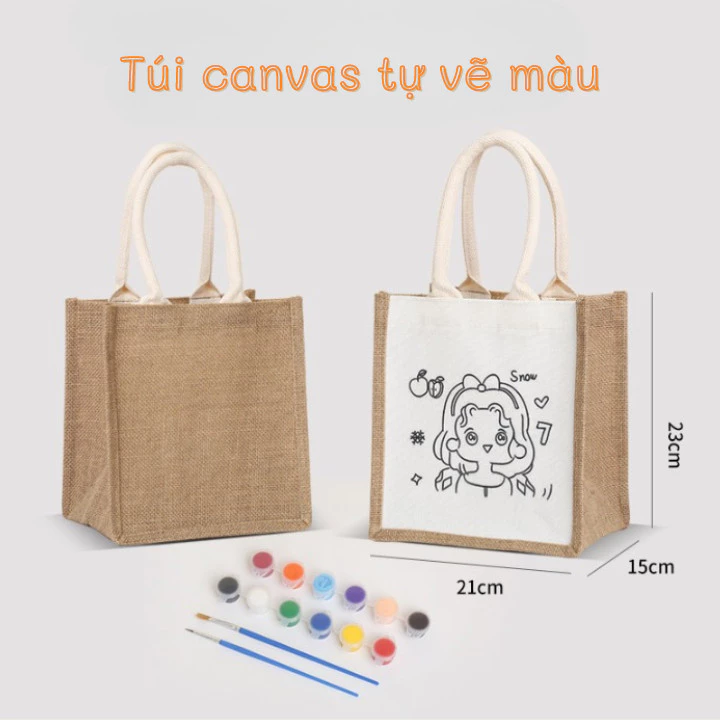 Túi Canvas Tự Vẽ Tay Size 21x15x23cm Có In Hình Sẵn Hoặc Tự Sáng Tạo, Set Nguyên Liệu Vẽ Gồm 12 Hộp Màu Và Cọ Vẽ
