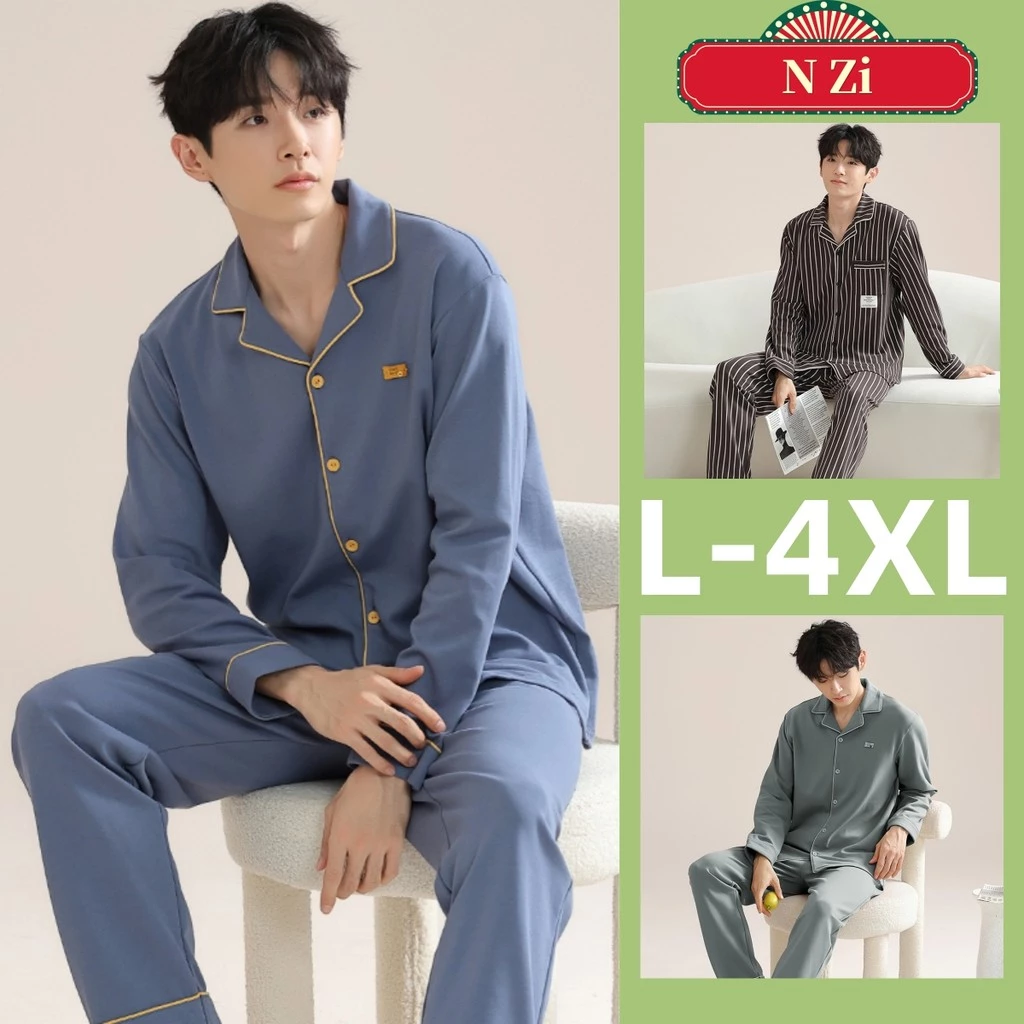 Bộ Đồ Ngủ Nam 100% Cotton L-4XL Plus Kích Thước Bộ Đồ Ngủ Người Mùa Thu Sọc Dài Tay Bộ Đồ Ngủ Trơn Thoải Mái Rời Loungewear