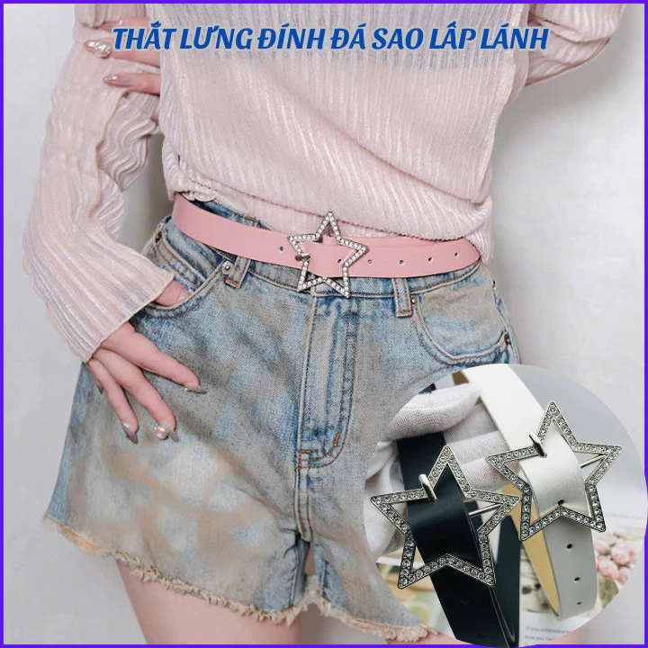 Dây thắt lưng nam nữ da hình ngôi sao màu hồng,màu trắng, màu đen, đai nịt belt Y2K, phụ kiện quần áo mẫu hot OLL356