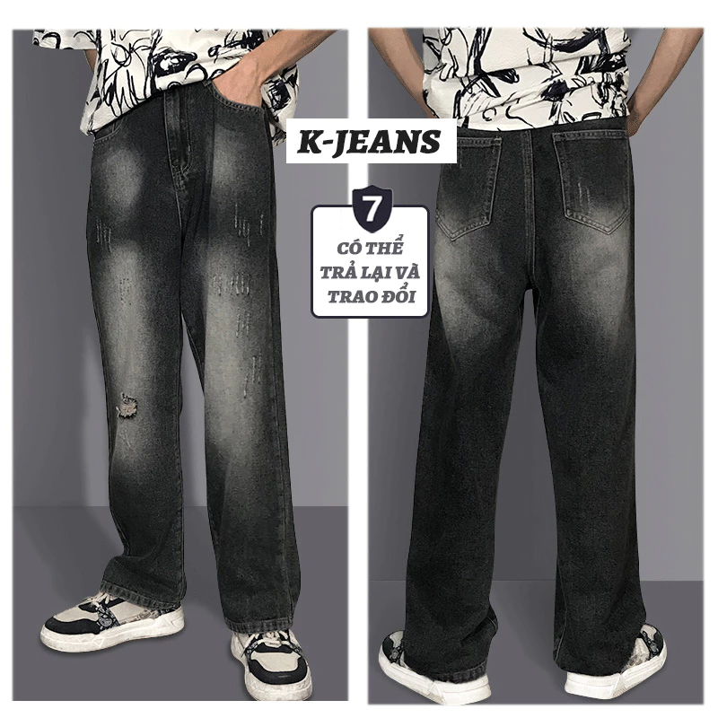 K-JEANS Quần jean nam rách gối Wash Retro, quần bò nam wash loang ống suông rộng baggy Menswear Pants quần jeans thời trang phom xuông dáng đứng vải jeans bò cao cấp hottrend