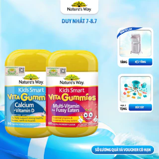 Combo Kẹo Dẻo Vi Chất Cho Bé Nature's Way Kids Smart Vita Gummies Calcium+Vitamin D Và Multi Vitamin Fussy Eaters 60v/h