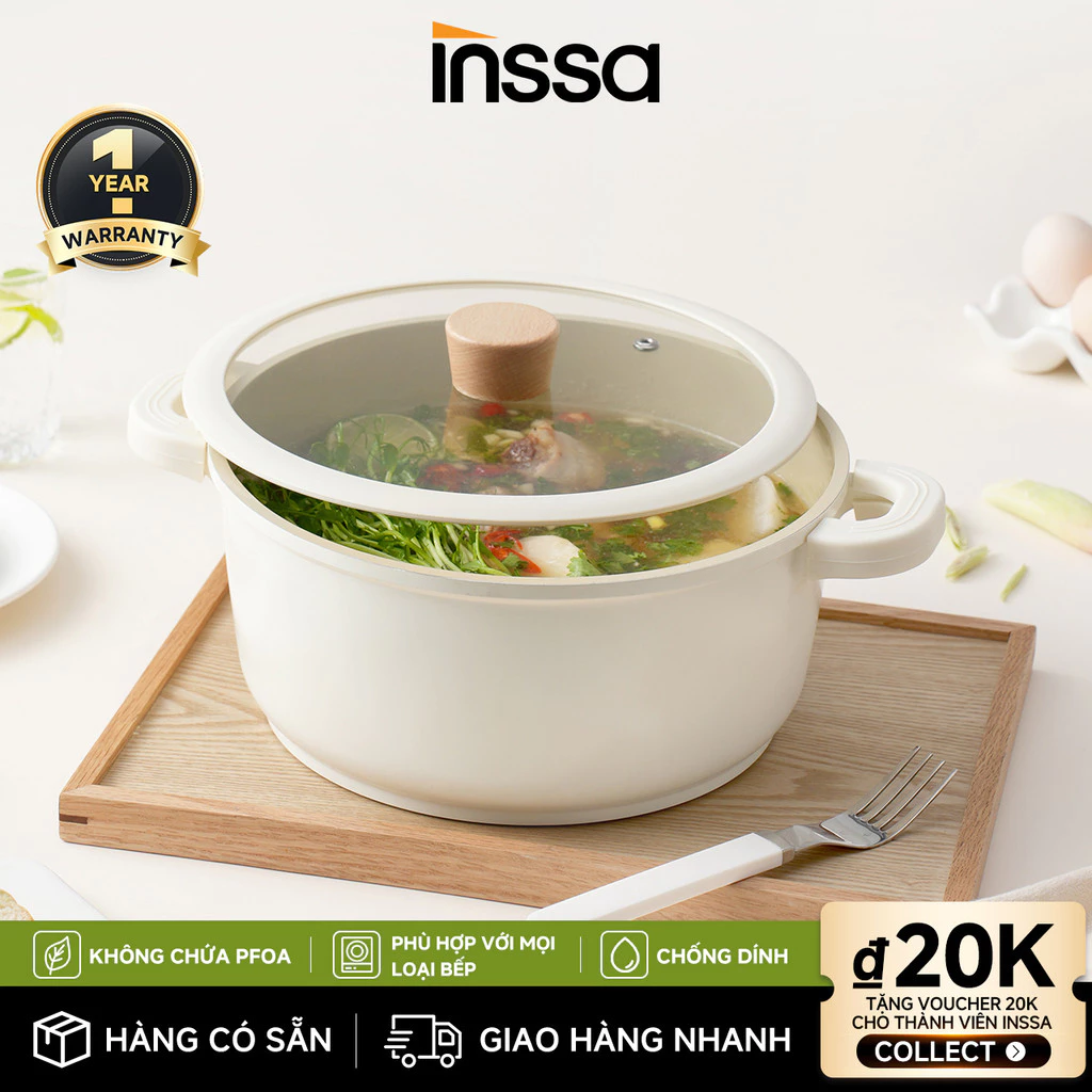 Inssa Nồi Canh 24cm Dòng Caramel Pudding Lớp Chống Dính Men Gốm An Toàn Viền Nắp Silicone GUOJ024 - Bảo Hành 1 Năm