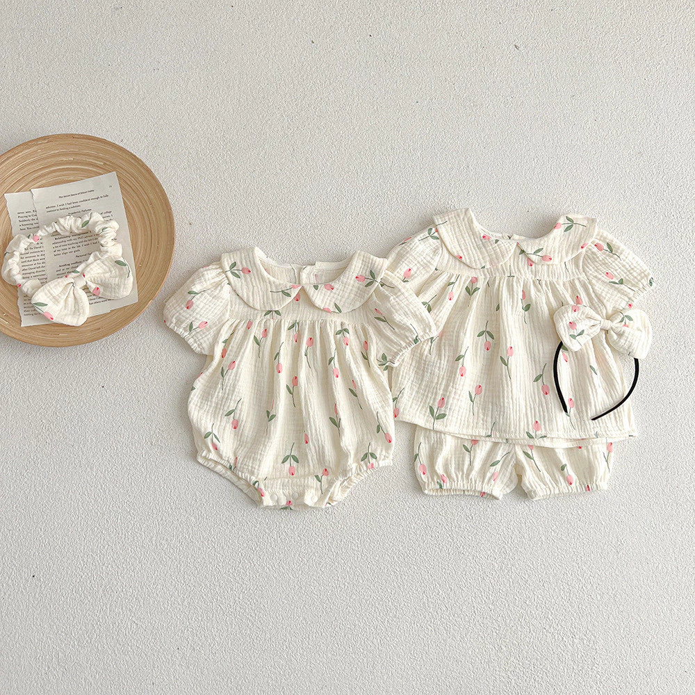 Câu Lạc Bộ Bé Tay Ngắn Body Mùa Hè Gạc Tam Giác Cho Bé Body Dễ Thương Bé Gái Tulip Set Chị Em Quần Áo Bé 0-24 Tháng