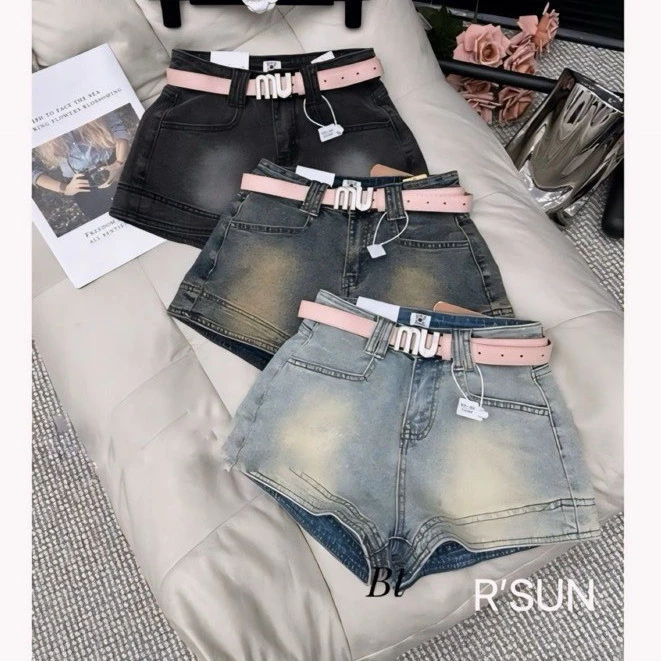 quần đùi sooc nữ, quần short denim miumiu kèm đai thắt eo mài 3 màu siêu xinh