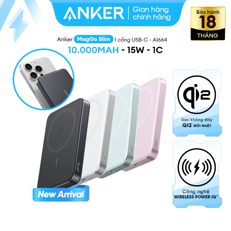 Sạc Dự Phòng Từ Tính Anker MagGo 10.00mAh 15W | Đạt chuẩn Qi2 | Siêu mỏng nhẹ | Cho iP12 trở lên - A1664
