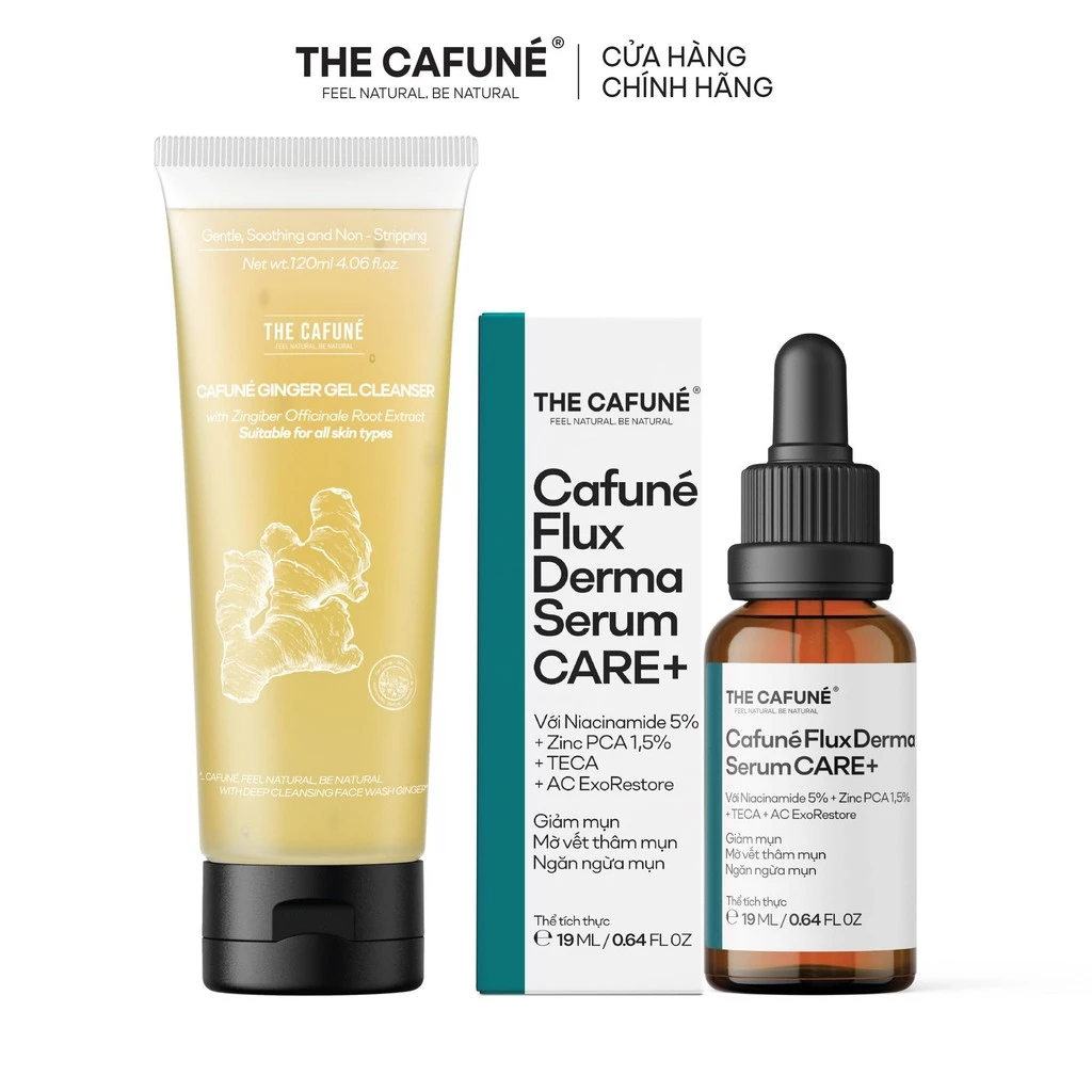 [COMBO GIẢM 30%] Bộ Đôi Chăm Sóc Da Mụn Cafuné: Sữa Rửa Mặt Gừng 120ml + Serum Mụn Flux Derma 19ml