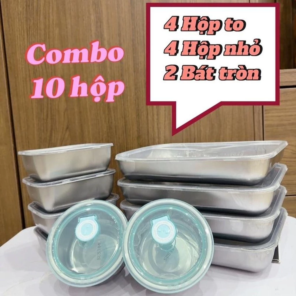 Combo 10 Hộp ( 4 Khay To + 4 Khay Nhỏ đựnġ Thực Phẩm Có Nắp Đậy Inox 304 + 2 Bát Tròn Có Gioăng Silicon)