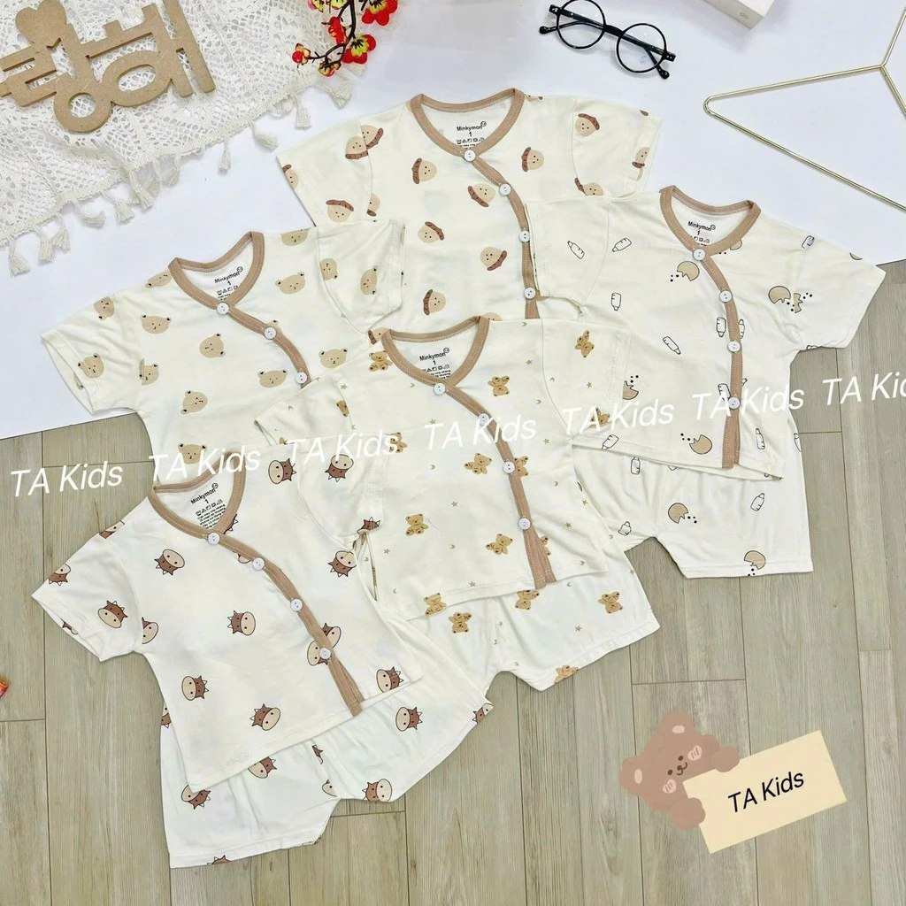 Combo 3 bộ cộc tay thun lạnh bộ cúc chéo họa tiết phong cách hàn quốc cho bé sơ sinh từ 3-9kg