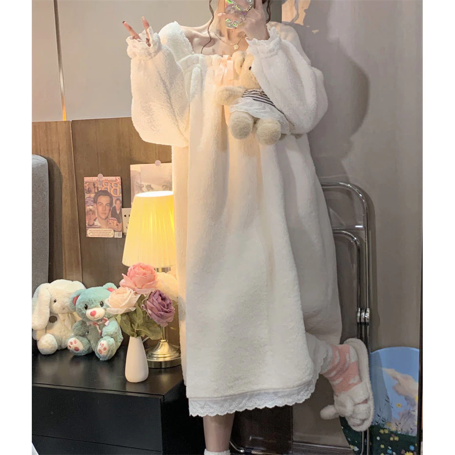 Ngọt Ngào Phong Cách Công Chúa Váy Ngủ Nữ Mới Ấm Áp Dày Lông Cừu Bộ Đồ Ngủ Mùa Đông Phong Cách Hàn Quốc Nữ Sinh Phù Hợp Với homewear