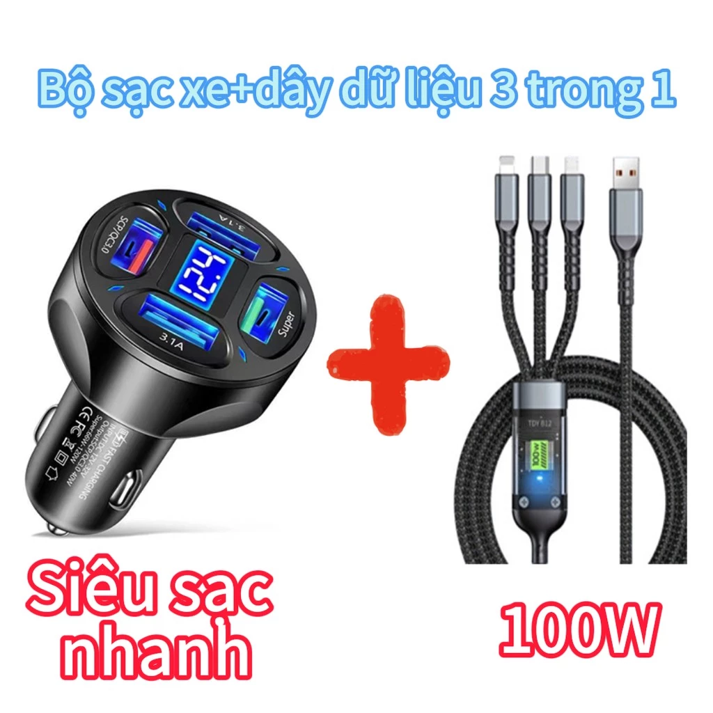 🔥🔥Siêu sạc nhanh 3 trong 1 dữ liệu Android, Apple, Type-C với bộ sạc xe hơi USB phổ quát