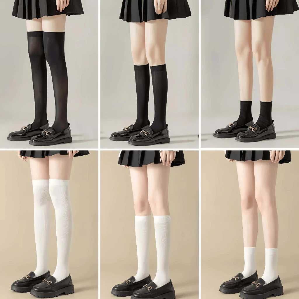 Tất dài lolita siêu mỏng phong cách y2k , vớ nữ chụp kỉ yếu cổ cao trơn trắng đen