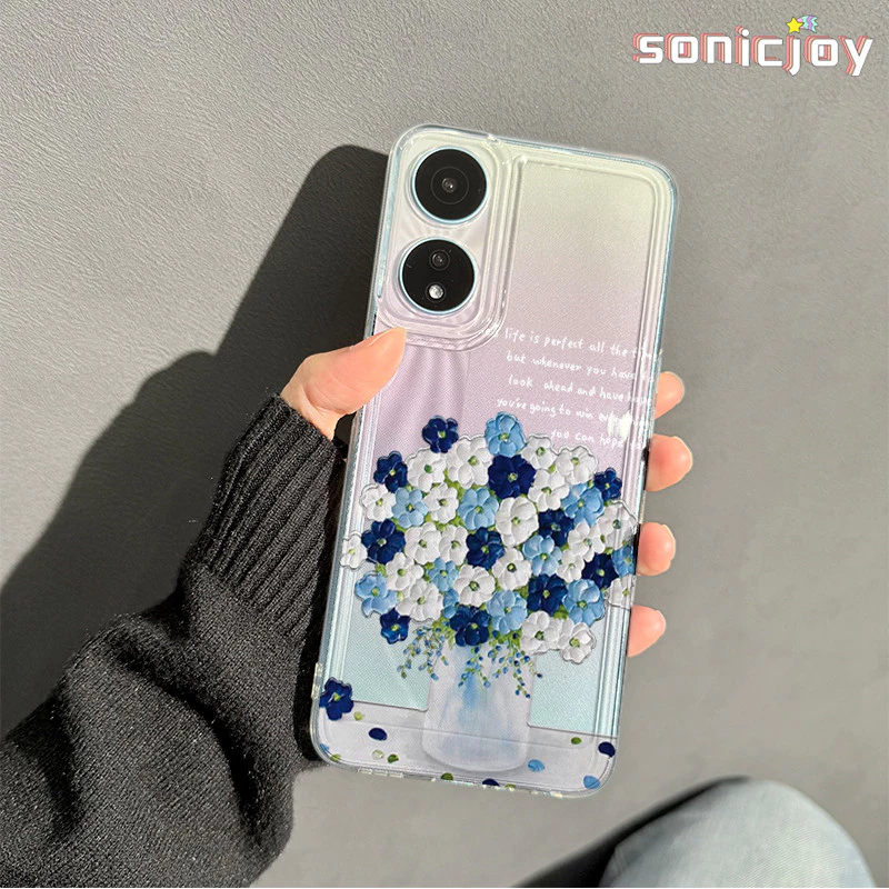 Ốp lưng Sơn Dầu Bó Hoa Xanh Trắng Thích Hợp Cho OPPO A18 A38 A78 A58 A17 A17k A16 A5s A12 A3S A54 A77s A57 A52 A53 A54s A76 A15 Ốp Silicon Trong Suốt Thời Trang-SY