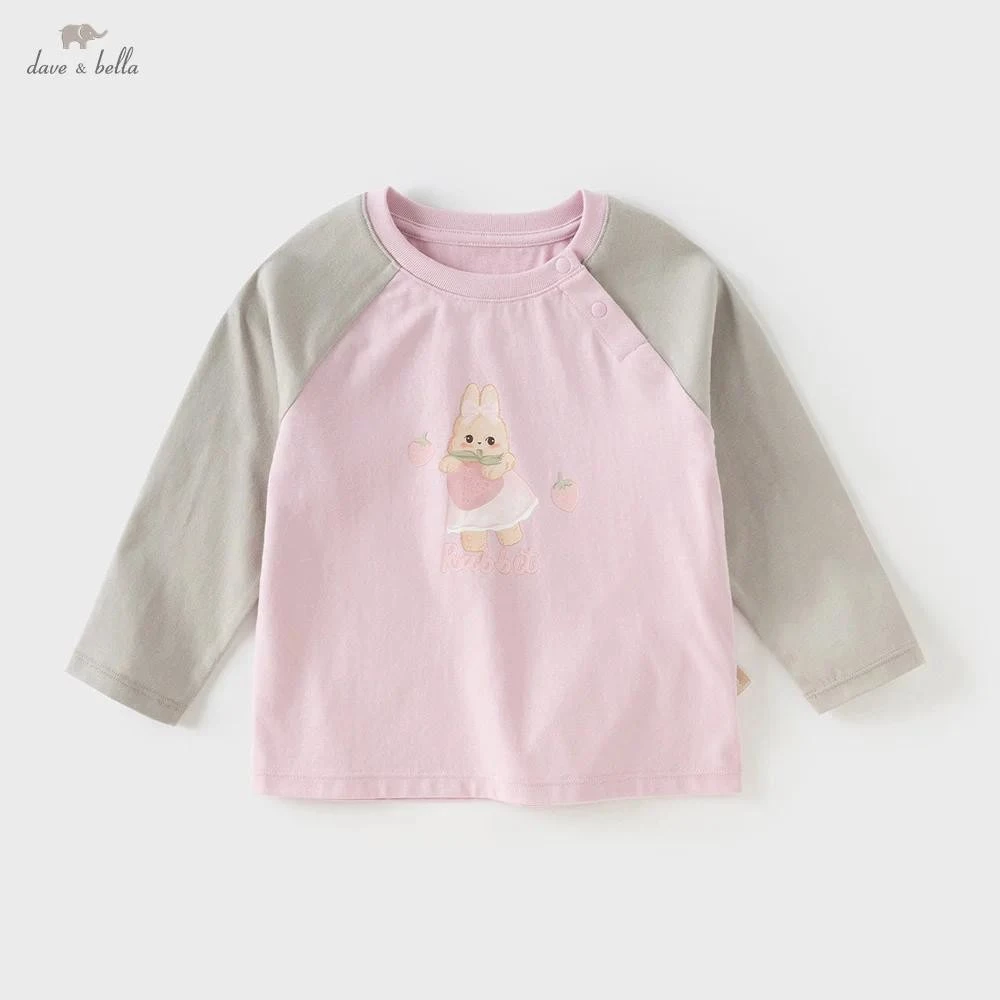 Dave Bella 6M-9Y áo thun dài tay bé gái 100% cotton raglan thuđông áo phông cổ tròn trẻ em DB3253230