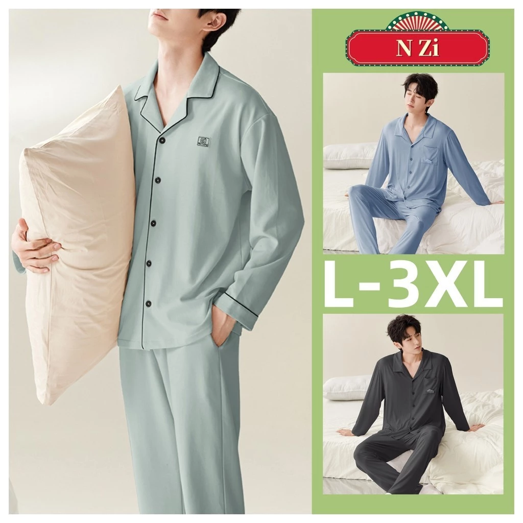 Bộ Đồ Ngủ Nam Mẫu Cotton Plus Kích Thước Bộ Đồ Ngủ Người Mùa Thu Phiên Bản Hàn Quốc Trơn Dài Tay Bộ Đồ Ngủ Rời Loungewear