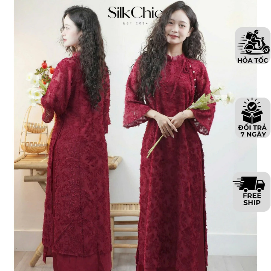 Áo Dài Tết 2026 Cách Tân Lông Vũ NV679 Áo Tay Lở Phối Buộc Nơ Cách Điệu Siêu Xinh Kèm Quần Dễ Mặc Nữ Women Nữ Women