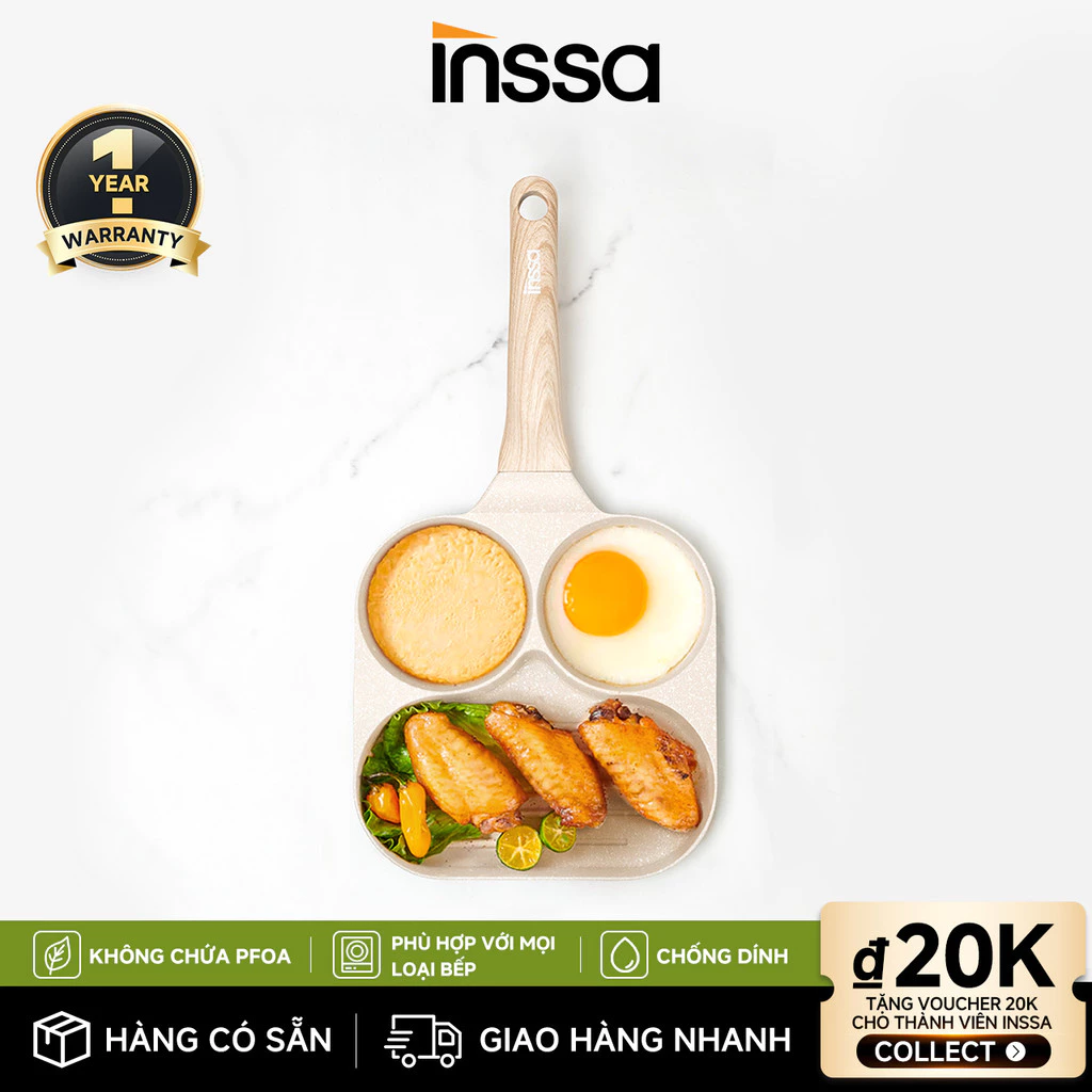 INSSA [BH 1 Năm] Chảo ăn sáng 3 trong 1 Chảo rán đa năng Chảo chống dính GUOJ028