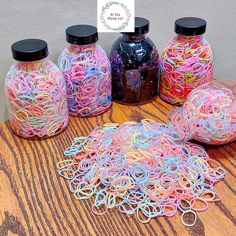 Set 1000 Thun Cột Tóc Co Giãn Nhiều Màu Kèm Bình Đựng