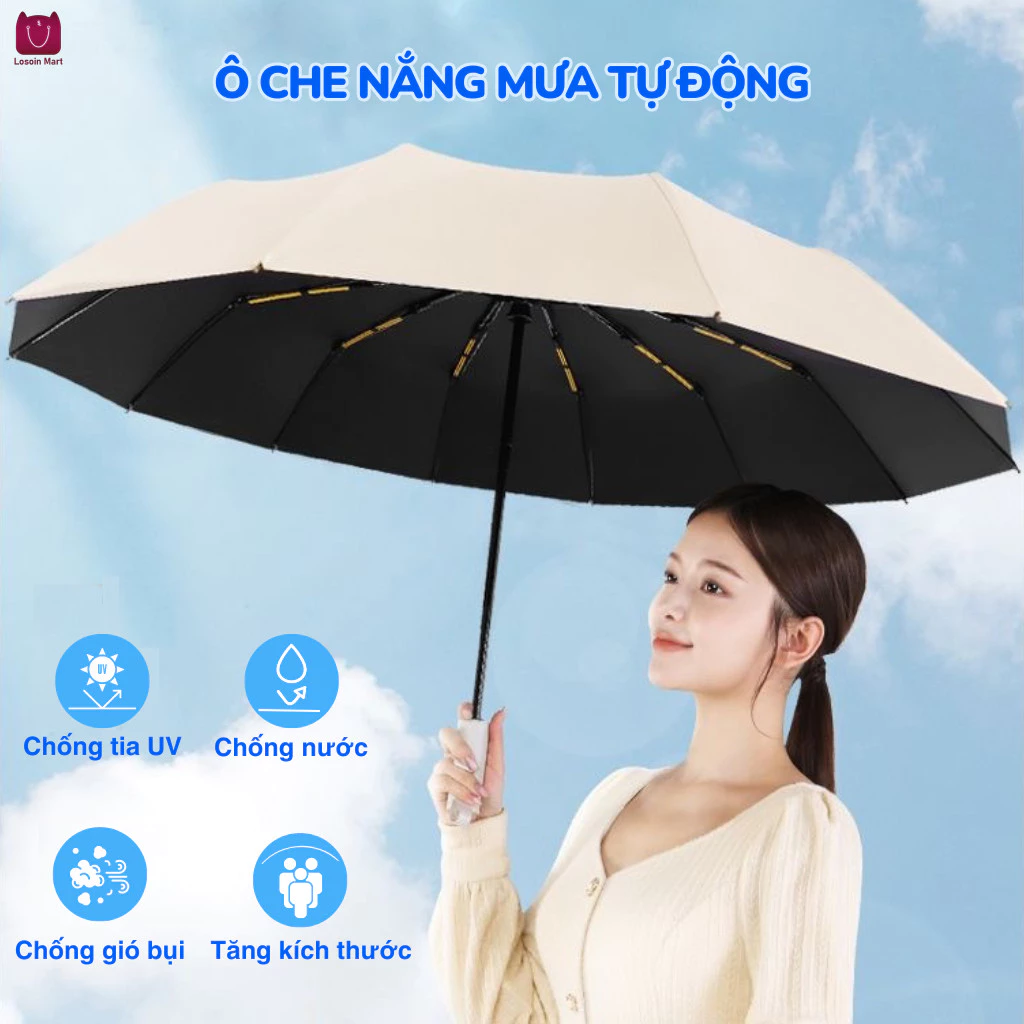 Dù Che Mưa  Đi Nắng Gấp Gọn Chống UV Nút Bấm Tự Động 24 Nan Khung Chịu Lực Kép Chắc Chắn