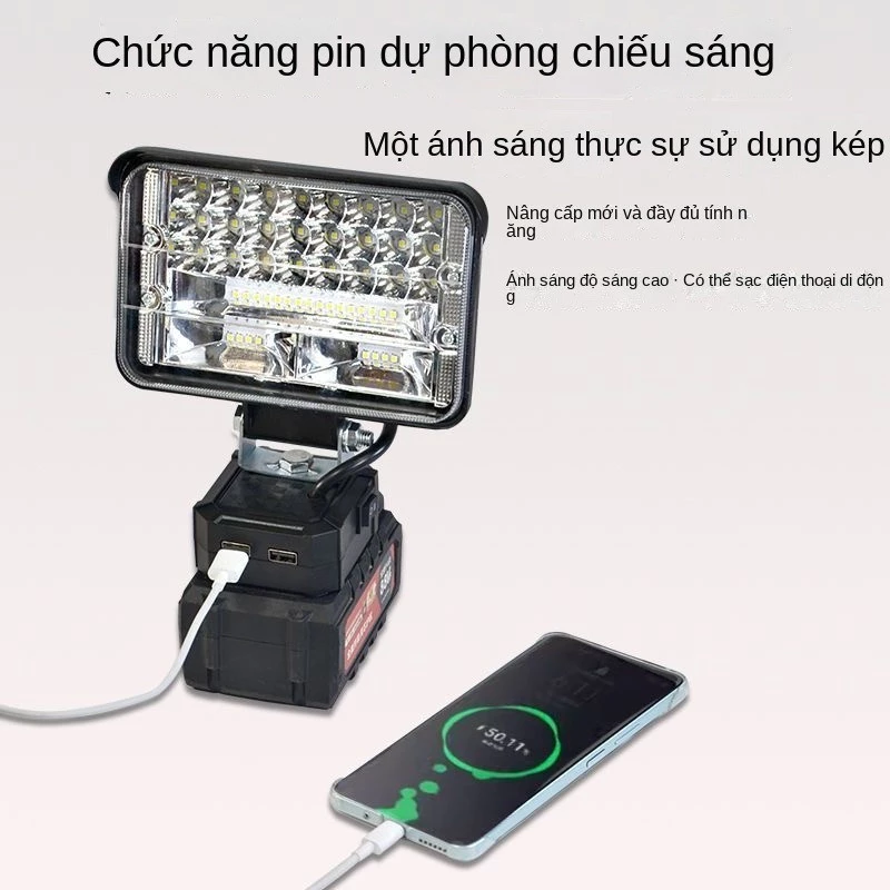 Đèn pha led dùng pin công suất lớn,2 cổng sạc USB đèn tích điện Đèn pin led chiếu xa dùng chân pin