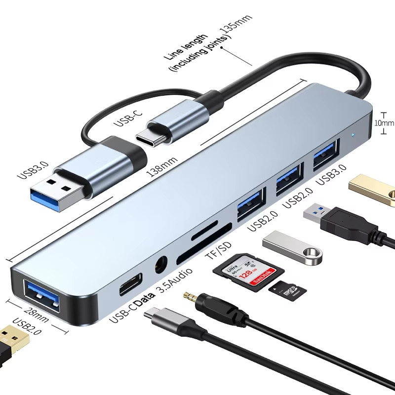 Hub type C USB 3.0 mở rộng 8 port cáp cổng chuyển đổi 2 đầu in 1 có 3.5 thẻ…