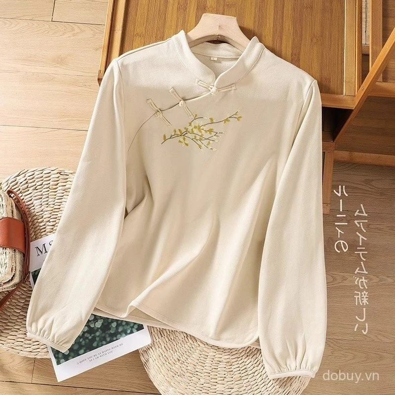 Áo sơ mi tay dài sườn xám phong cách Trung Hoa retro với thiết kế cổ ếch nút truyền thống