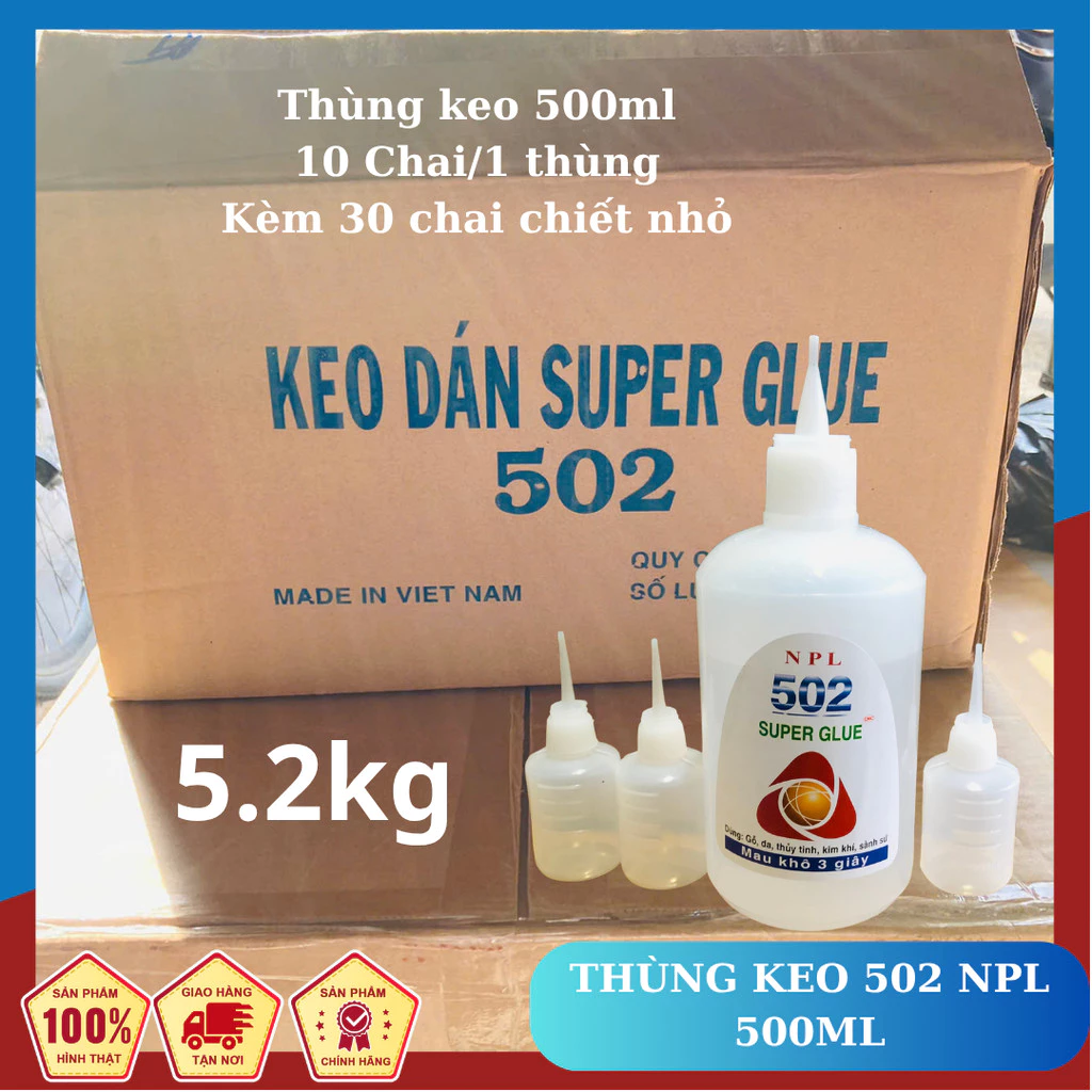 Keo 502 500ML NPL BÁN SỈ NGUYÊN THÙNG 10 chai/thùng - keo dán sắt lớn lọ tròn siêu dính 500ml -Tặng kèm 3 chai rỗng nhỏ