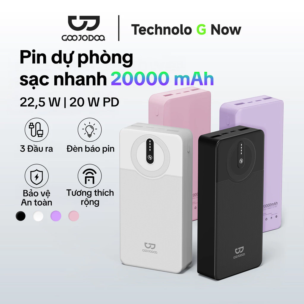 GOOJODOQ 20000mAh Power Bank Sạc nhanh USB Sạc Đèn LED di động 22,5W cho quạt điện thoại Pad